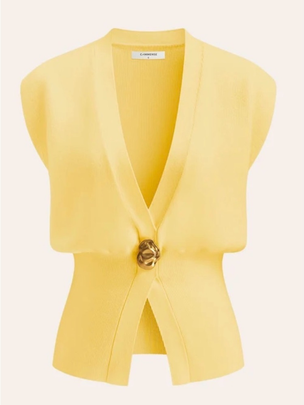Commense Soft Yellow V-Neck Sleeveless Knit Top with Gold Button